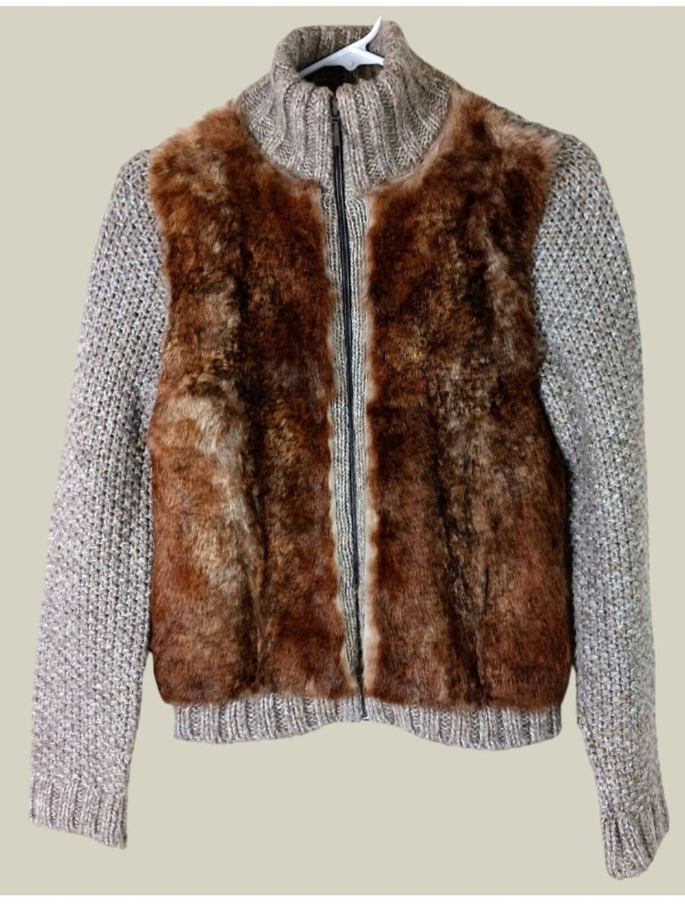 Zara Rabbit Fur Wool Knit Full Zip Cardigan Jacket Womens M Brown Apres Ski